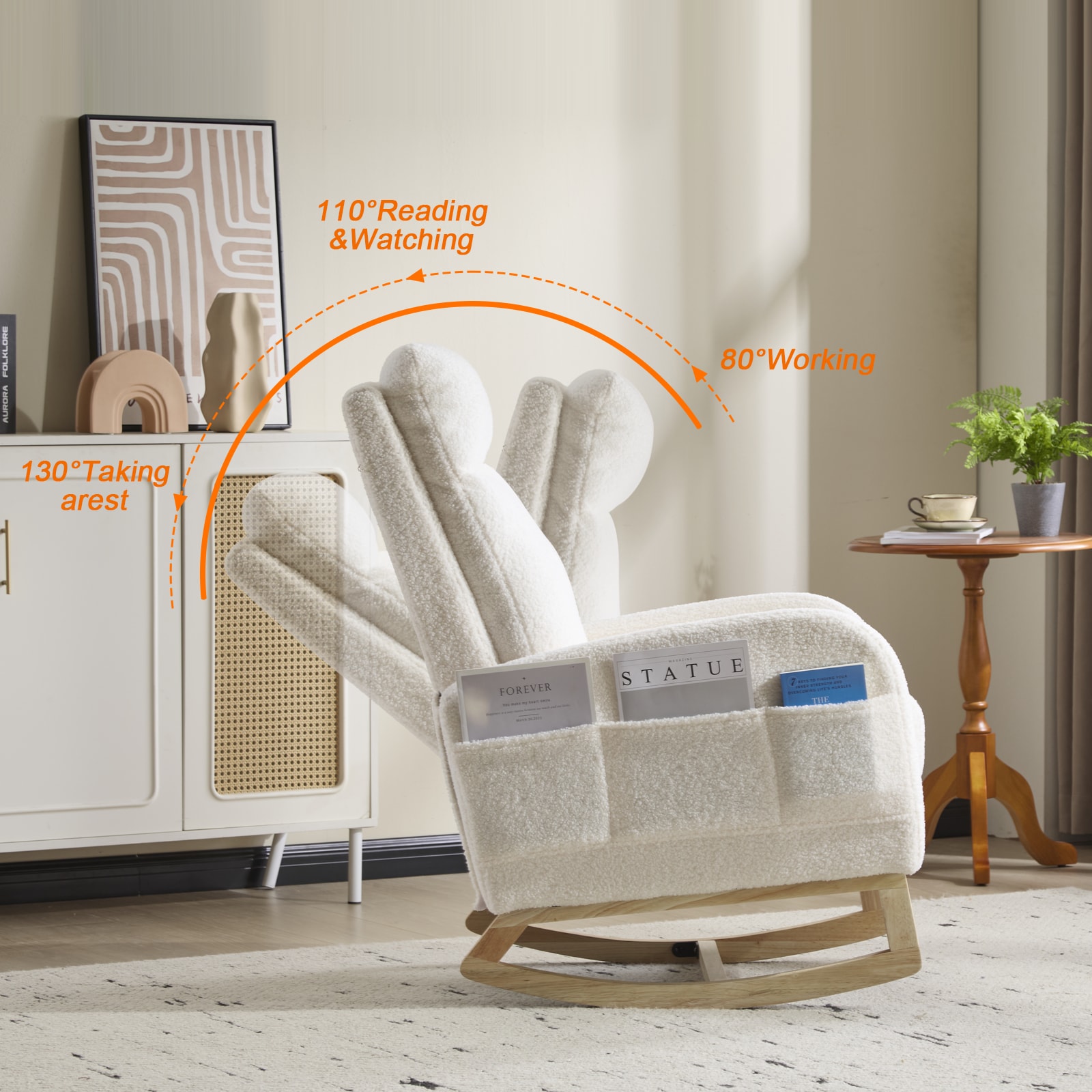 Modern Accent Rocking Chair Rocking Chair With Solid Wood Legs, Upholstered Nursery Glider Rocker, Comfy Armchair With Side Pocket, Living Room Lounge Arm Chair With High Backrest (White,teddy)_voghion.com